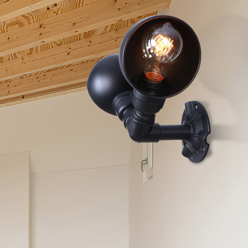 Industrial Style Black Wall Sconce Lamp With 2 Bulbs And Metallic Domed Design For Corridor / A