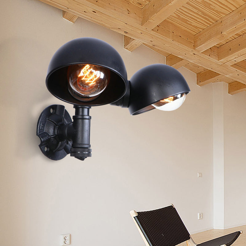 Industrial Style Black Wall Sconce Lamp With 2 Bulbs And Metallic Domed Design For Corridor / B