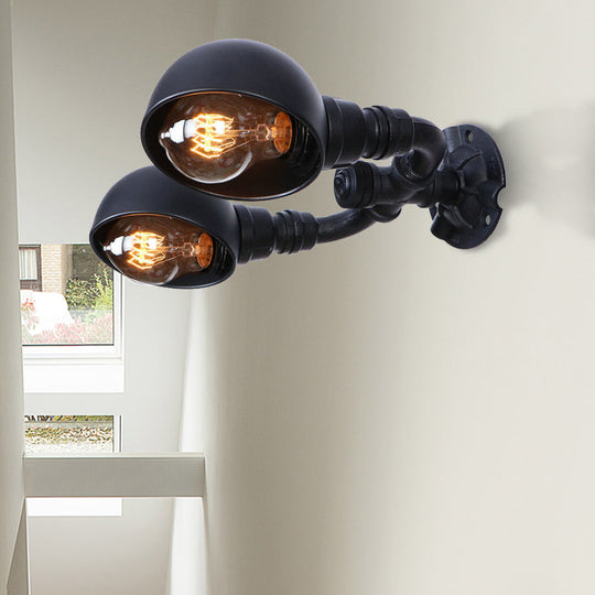 Industrial Style Black Wall Sconce Lamp With 2 Bulbs And Metallic Domed Design For Corridor / C