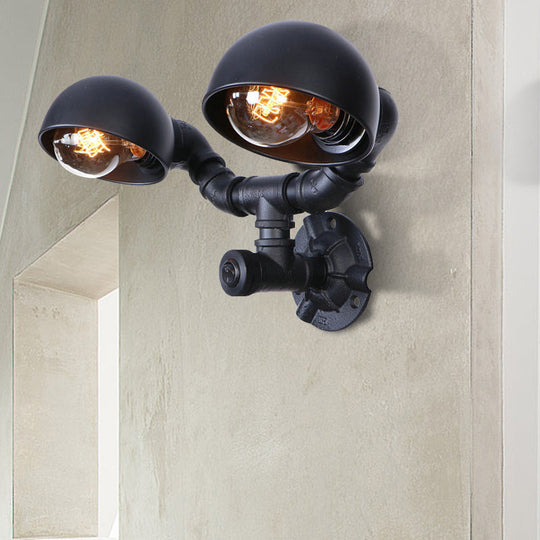 Industrial Style Black Wall Sconce Lamp With 2 Bulbs And Metallic Domed Design For Corridor / D