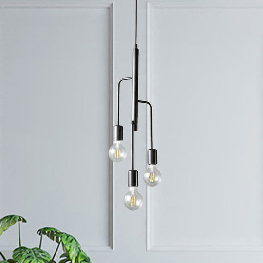 Industrial Iron Black Chandelier Pendant Light - 3 Heads Bare Bulb Hanging Lamp For Living Room
