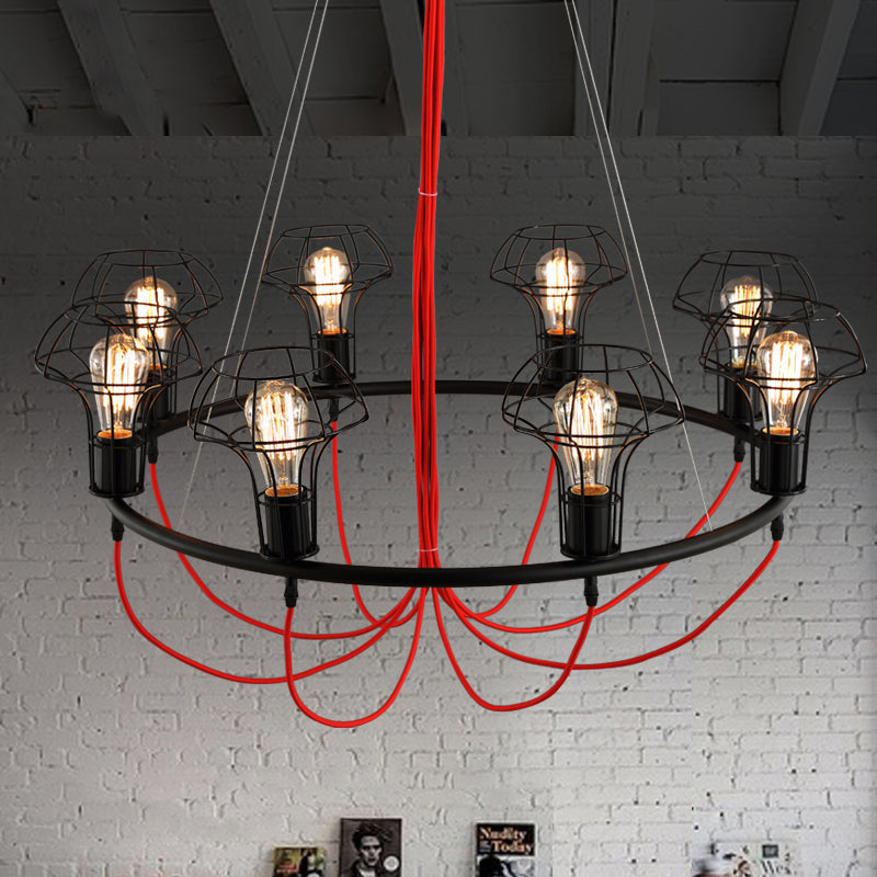 Iron Mushroom Cage Chandelier Light Industrial Pendant Lamp - 8 Heads, Black - Ideal for Restaurants