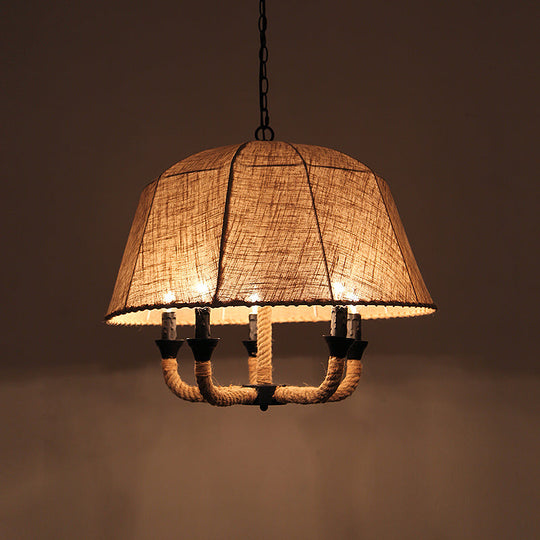 Vintage 5-Light Chandelier With Fabric Shade And Hemp Rope Suspension In Brown