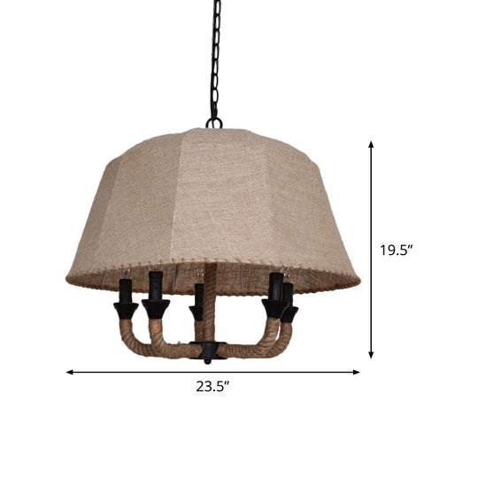 Vintage 5-Light Chandelier With Fabric Shade And Hemp Rope Suspension In Brown