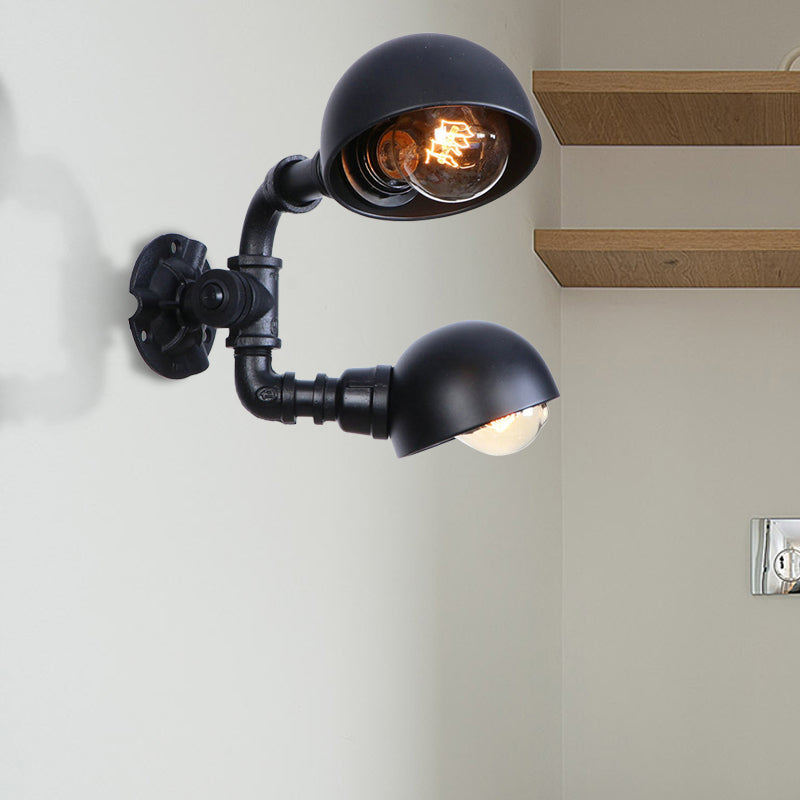 Industrial Style Black Wall Sconce Lamp With 2 Bulbs And Metallic Domed Design For Corridor / E