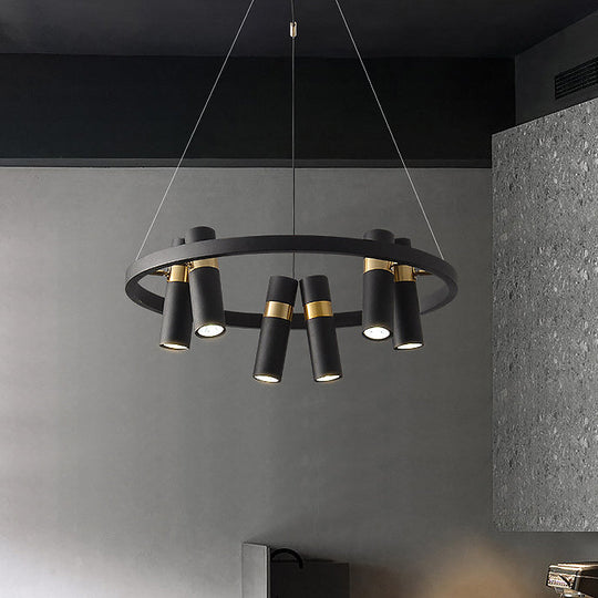 Round Metal Pipe Pendant Chandelier - Black Finish 6/9 Heads Bedroom Ceiling Light