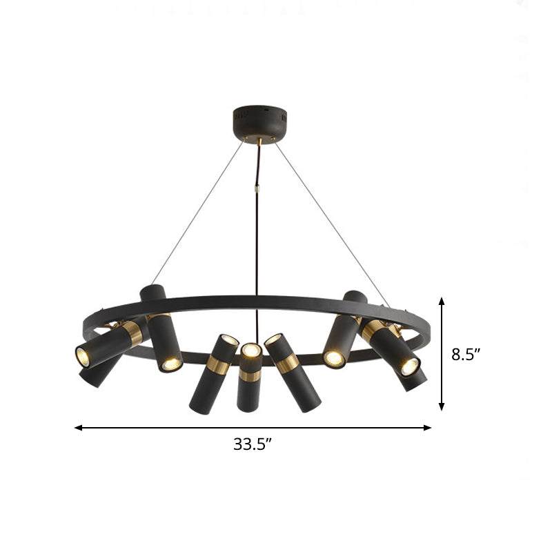 Round Metal Pipe Pendant Chandelier - Black Finish 6/9 Heads Bedroom Ceiling Light