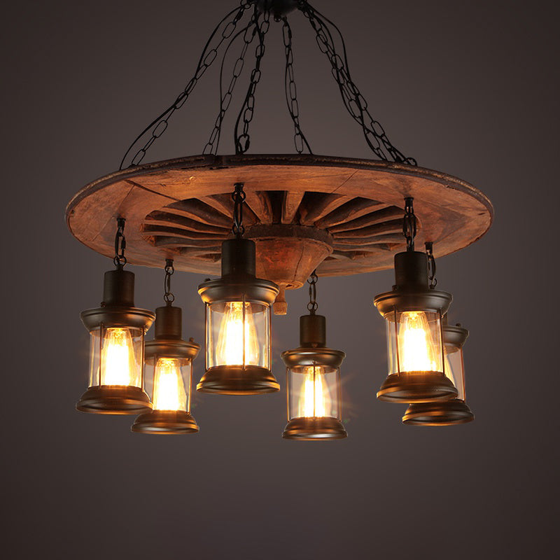 Antique Wooden Style Wheel Chandelier  6 Heads Black Ceiling Light with Lantern Clear Glass Shade