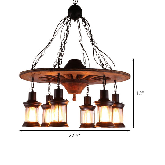 Antique Wooden Style Wheel Chandelier  6 Heads Black Ceiling Light with Lantern Clear Glass Shade