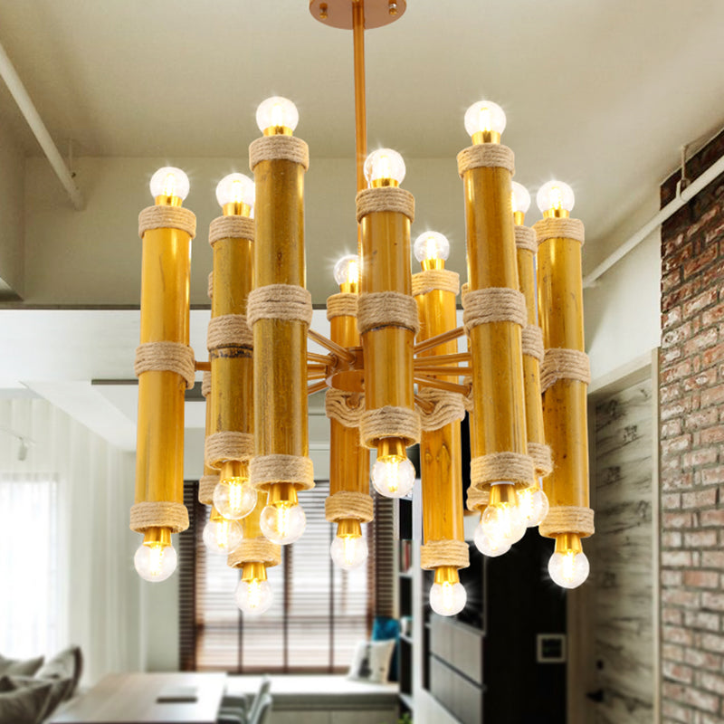 Antique Bamboo Chandelier With 24 Yellow Pendant Lights For Living Room