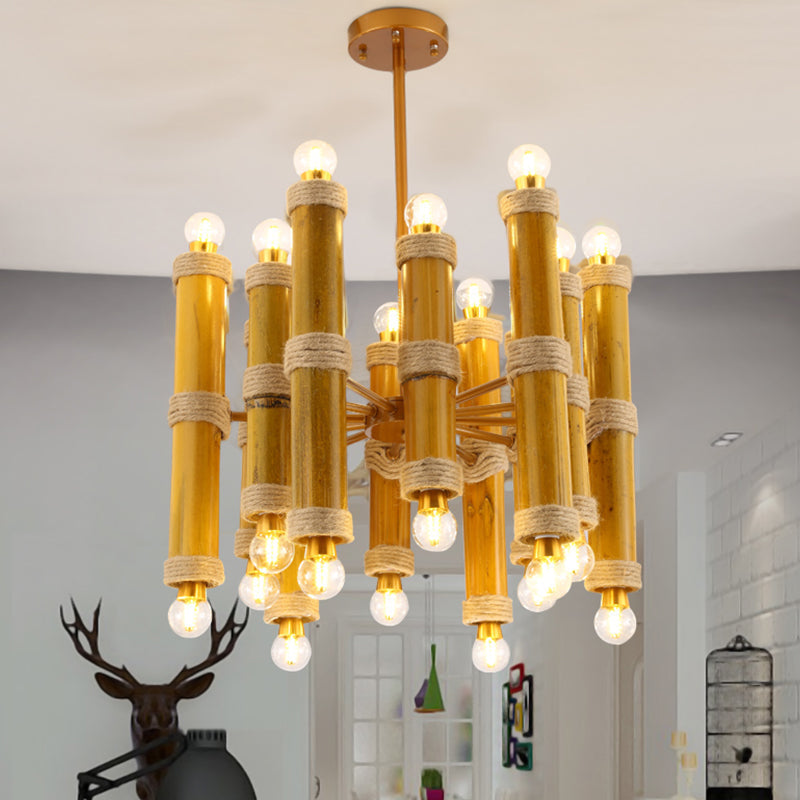 Antique Bamboo Chandelier With 24 Yellow Pendant Lights For Living Room