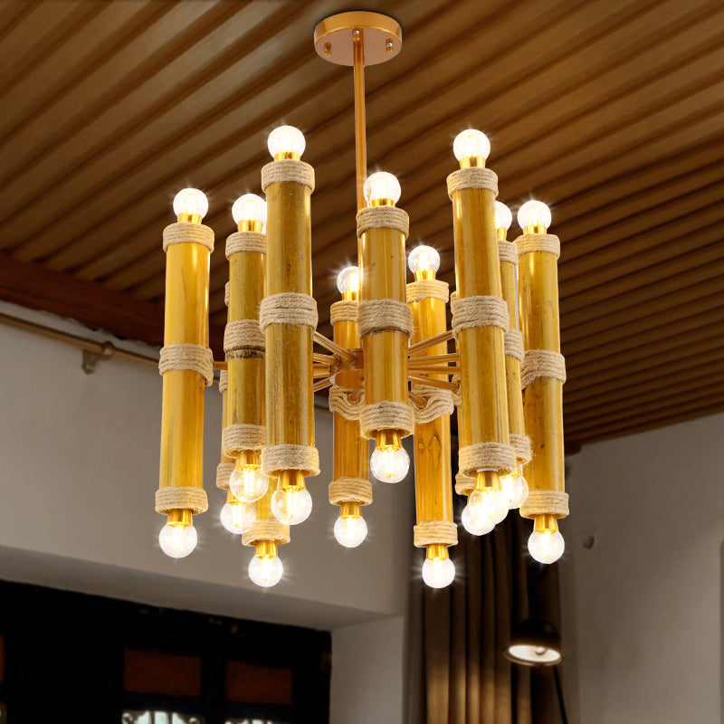 Antique Bamboo Tube Rope Chandelier - 24-Light Yellow Pendant Lamp for Living Room