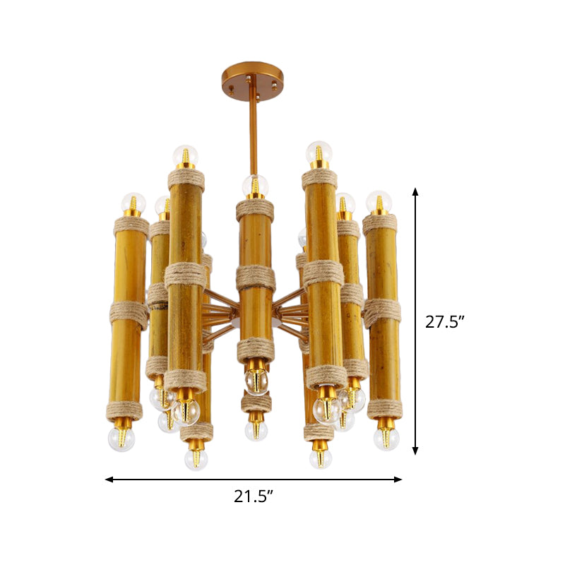 Antique Bamboo Tube Rope Chandelier - 24-Light Yellow Pendant Lamp for Living Room