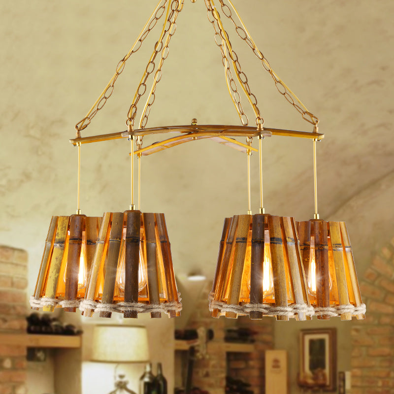 Yellow Bamboo Chandelier Lamp With Natural Rope - Retro Conical Suspension Lighting 6 Lights