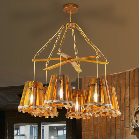 Yellow Bamboo Chandelier Lamp With Natural Rope - Retro Conical Suspension Lighting 6 Lights