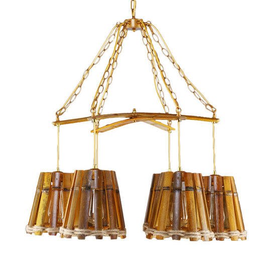 Yellow Bamboo Chandelier Lamp With Natural Rope - Retro Conical Suspension Lighting 6 Lights