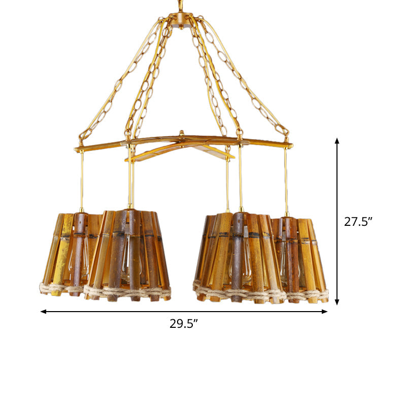Yellow Bamboo Chandelier Lamp With Natural Rope - Retro Conical Suspension Lighting 6 Lights