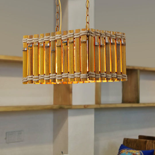 Bamboo Yellow Industrial Chandelier With 2 Bulbs And Rope Ceiling Hang