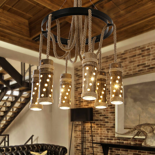 Industrial Black Cutout Chandelier With Bamboo And 6 Bulbs | Living Room Drop Lamp