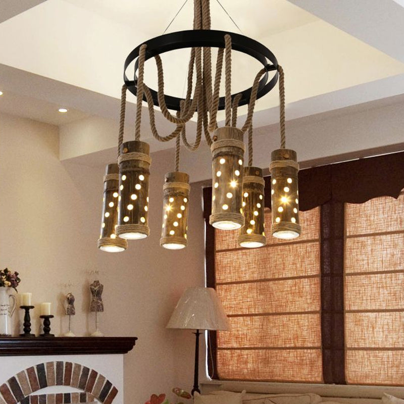 Industrial Bamboo Tube Chandelier Light - Black Cutout Design, 6 Bulbs, Living Room Drop Lamp with Rope