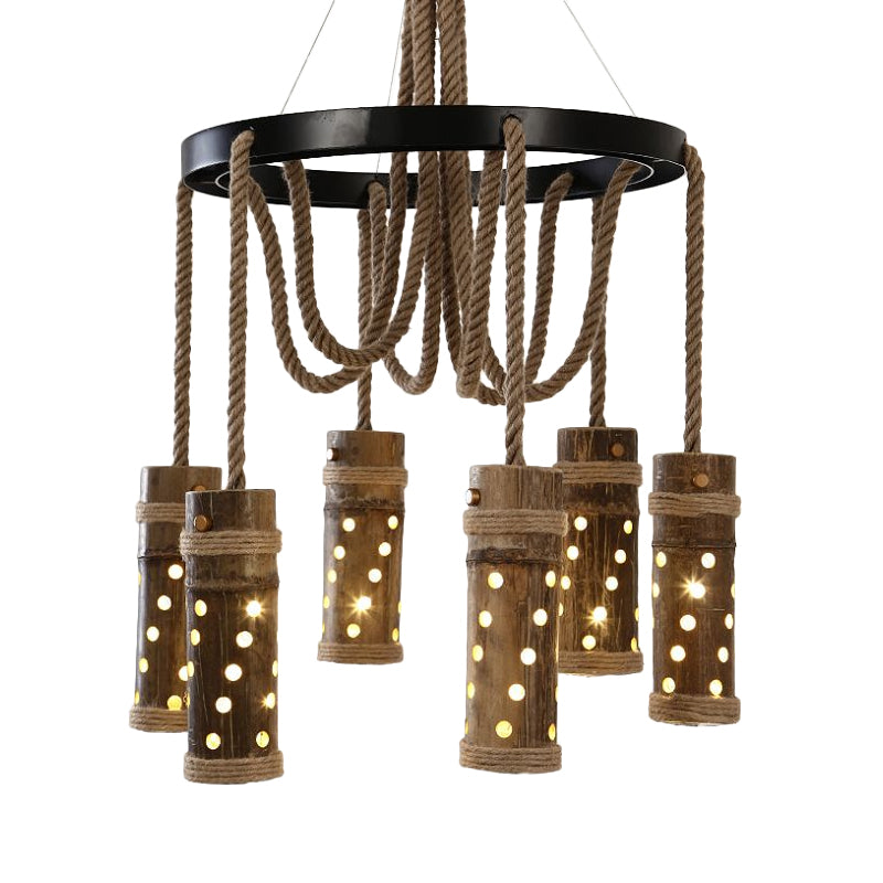 Industrial Black Cutout Chandelier With Bamboo And 6 Bulbs | Living Room Drop Lamp