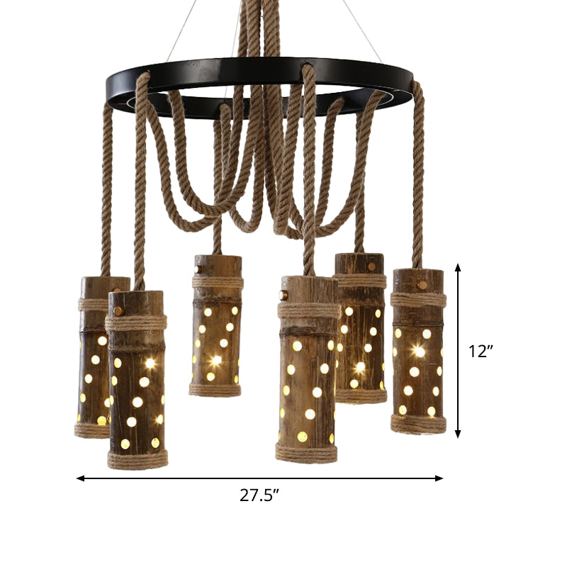 Industrial Bamboo Tube Chandelier Light - Black Cutout Design, 6 Bulbs, Living Room Drop Lamp with Rope