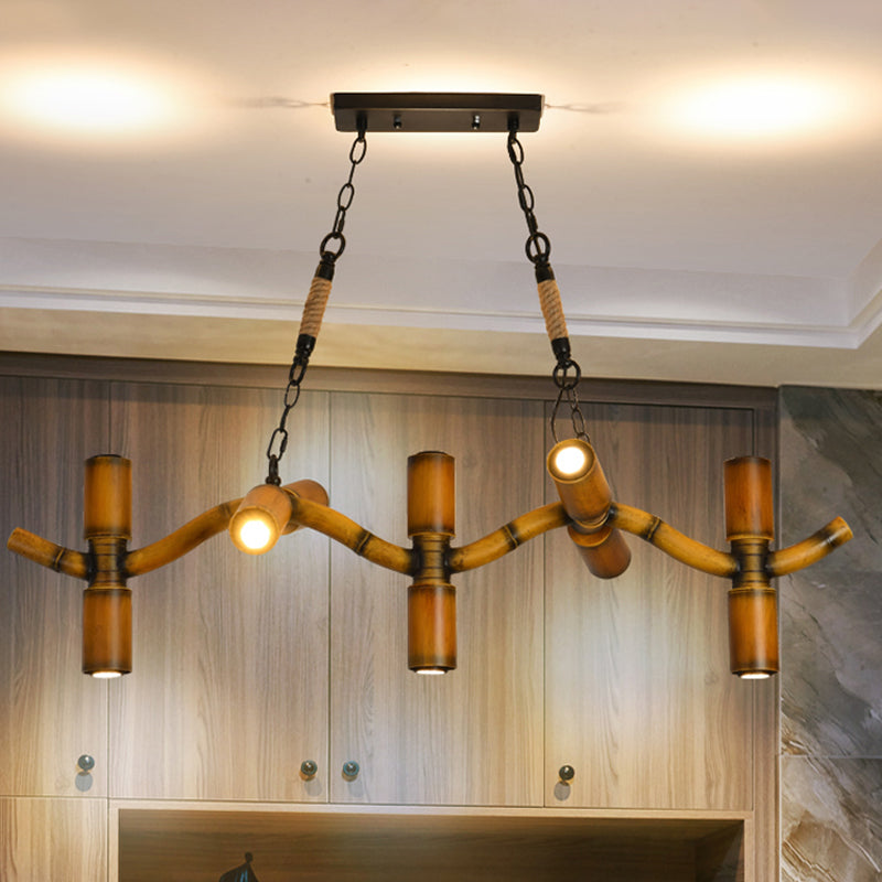 10-Light Metal Island Pendant In Brown With Wave Style Pipe Shade And Rope Detail.