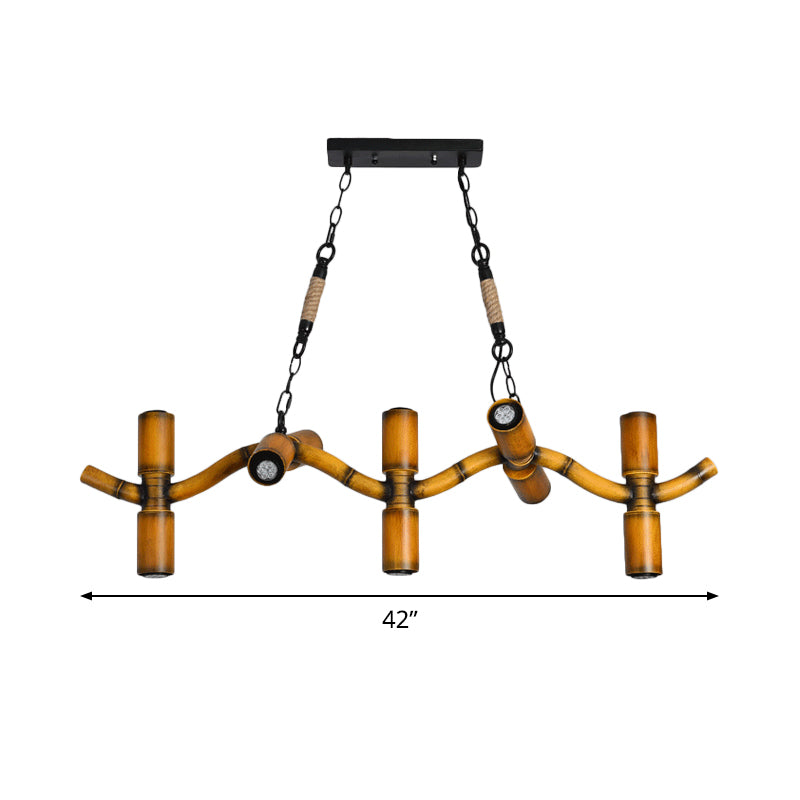 10-Light Metal Island Pendant In Brown With Wave Style Pipe Shade And Rope Detail.