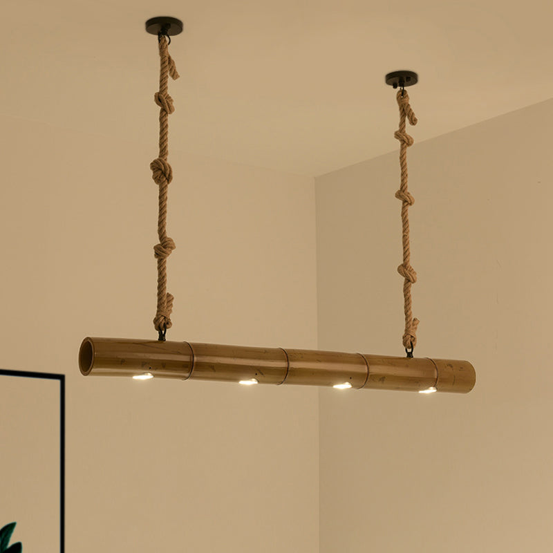 Bamboo Tube Island Lighting - Farmhouse Pendant Light With 4 Bulbs Yellow And Brown Rope Included