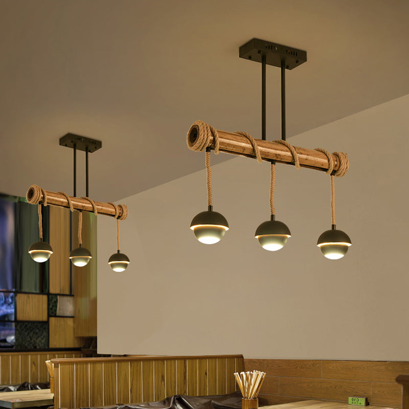 Industrial Linear Chandelier With Bamboo Tube And Rope 2/3/6 Bulbs Black Iron Pendant Lamp -