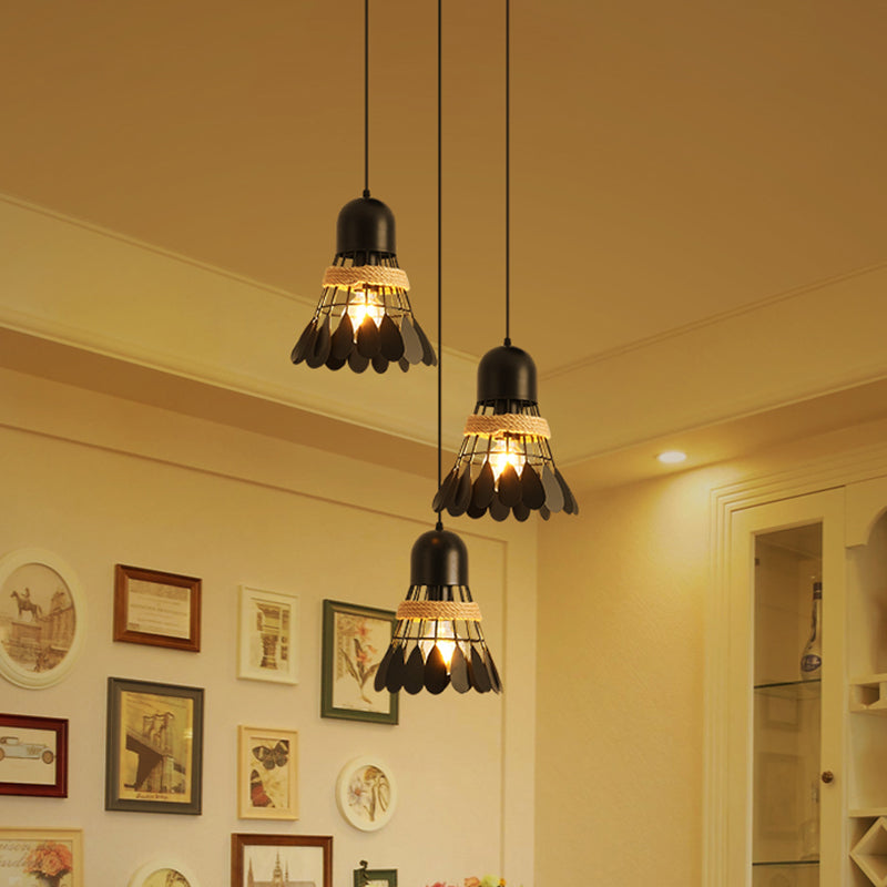 Modern Black/White Iron Dining Room Pendant Light With Rope And Round/Linear Canopy - Badminton