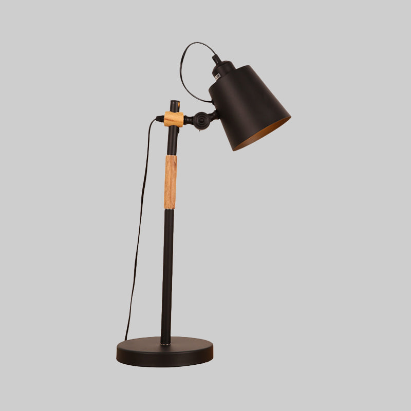 Metal Bucket Industrial Table Light With Wooden Arm - Night Lighting For Living Room (Black/White)