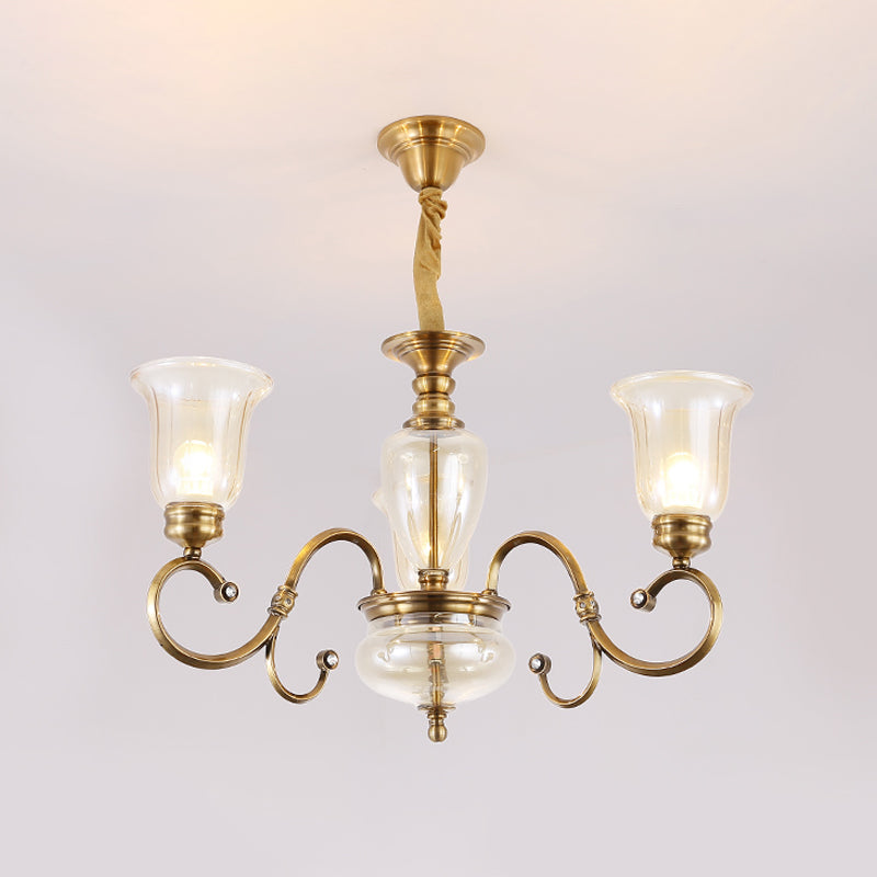 Farmhouse Chandelier Lamp: Bell Clear Glass Brass Suspension Lighting With Metal Arm - 3/6/8 Lights