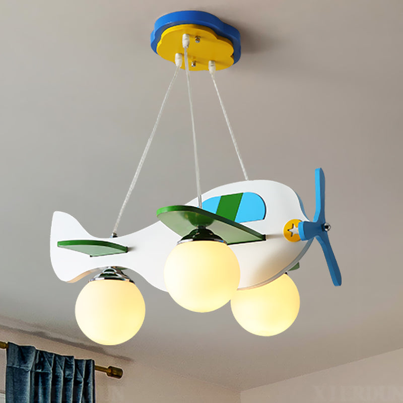 Blue Plane Suspension Light: 3-Bulb Ivory Glass Pendant For Kids Bedroom