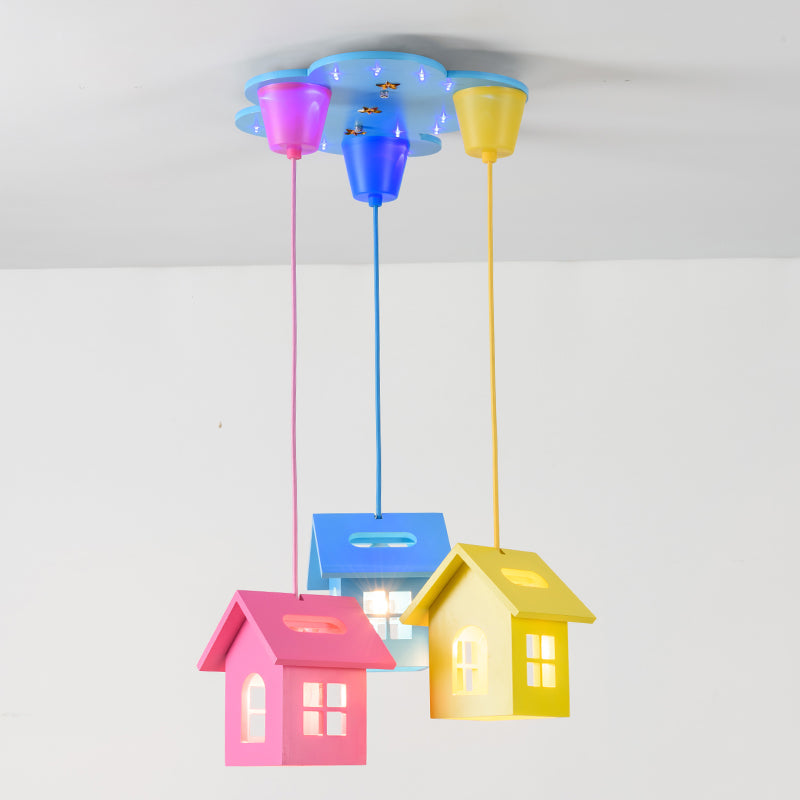 Colorful 3-Head Bedroom Pendant Lighting With Wooden House Shade Blue-Pink-Yellow