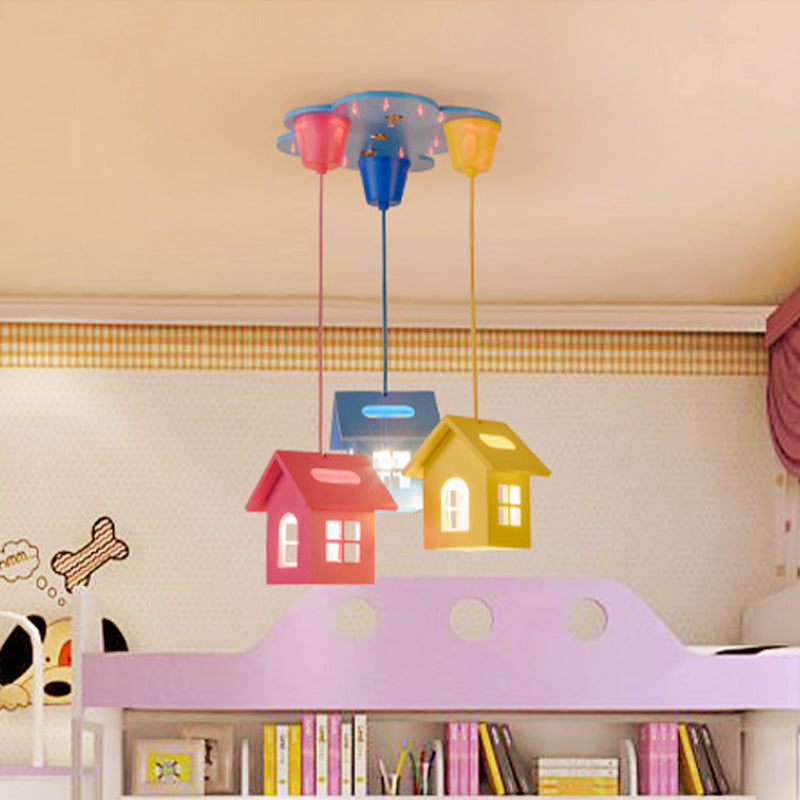 Colorful 3-Head Bedroom Pendant Lighting With Wooden House Shade
