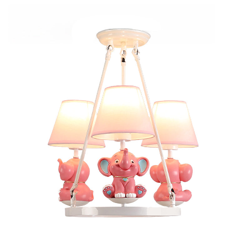 Pink Resin Elephant Chandelier With Conical Fabric Shade - Kids 3-Head Pendant Lamp