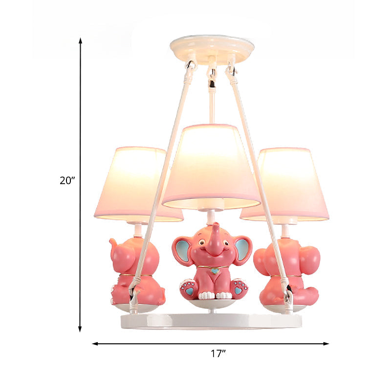 Pink Resin Elephant Chandelier With Conical Fabric Shade - Kids 3-Head Pendant Lamp