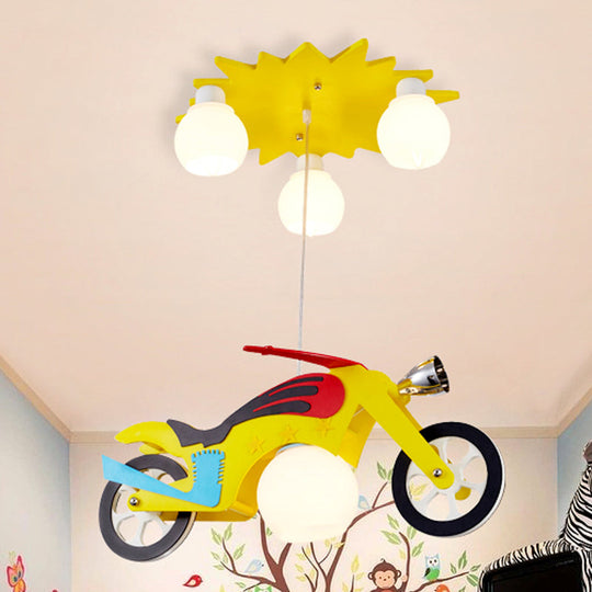 Yellow Motorbike Kids Pendant Lamp With White Glass Shade - 4 Light Cluster Ceiling Fixture