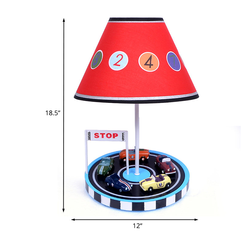 Red Racing Vehicle Tapered Fabric Table Light For Kids - 1-Bulb Nightstand Lighting