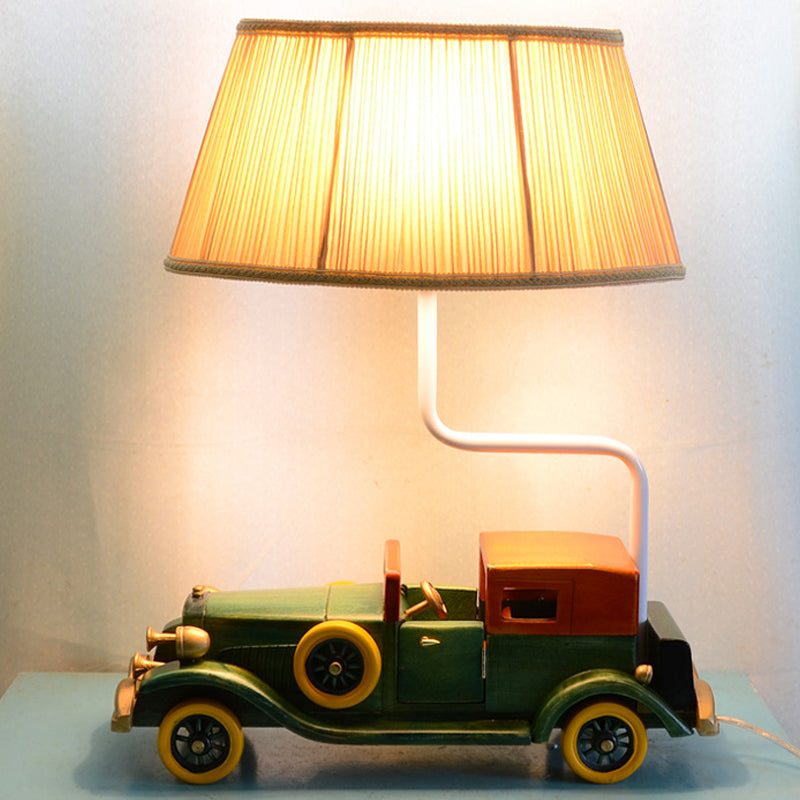 Blue Fabric Drum Nightstand Lamp With Car Pedestal For Boys Bedroom - Kids Table Light 1-Bulb Design