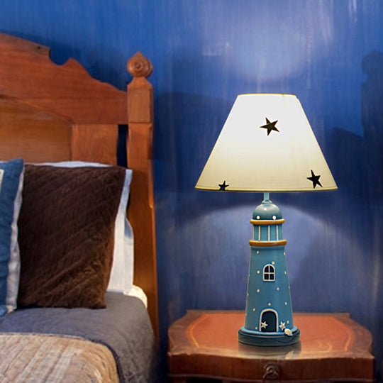 Mediterranean Resin Lighthouse Night Light Blue Table Lamp With Tapered Fabric Shade
