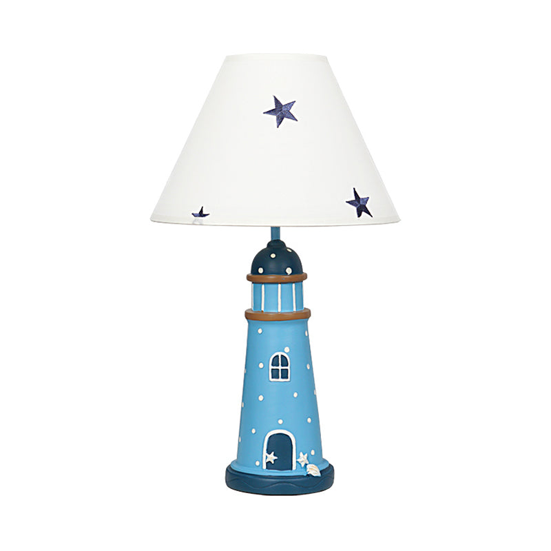 Mediterranean Resin Lighthouse Night Light Blue Table Lamp With Tapered Fabric Shade