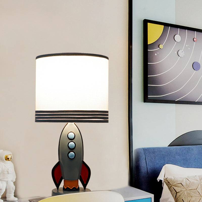 Blue Rocket Nightstand Light With Drum Shade For Nursery - Kids Resin Table Lamp