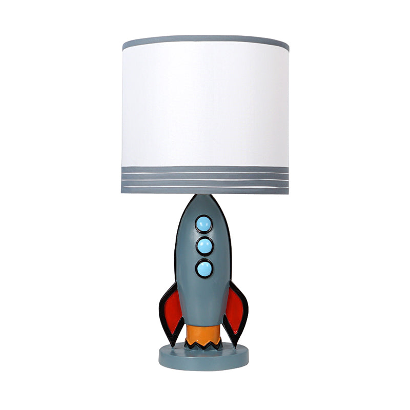 Blue Rocket Nightstand Light With Drum Shade For Nursery - Kids Resin Table Lamp