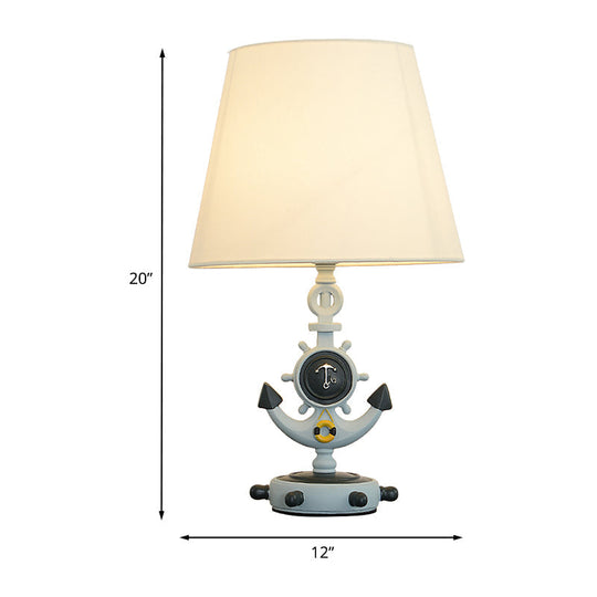 Mediterranean Blue Cone Nightstand Lamp With Anchor Base - 1-Head Fabric Night Table Light