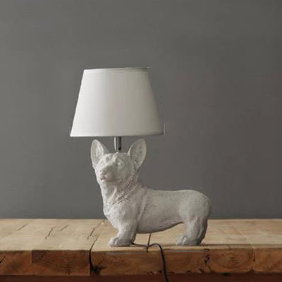 Modern White Dog Study Table Lamp With Fabric Shade / Corgi - Standing