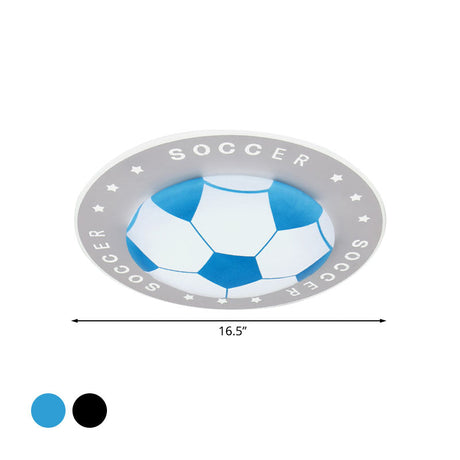 Kids Led Flush Mount Spotlight: 16.5/20.5 Black/Blue Football Ceiling Lamp With Acrylic Shade