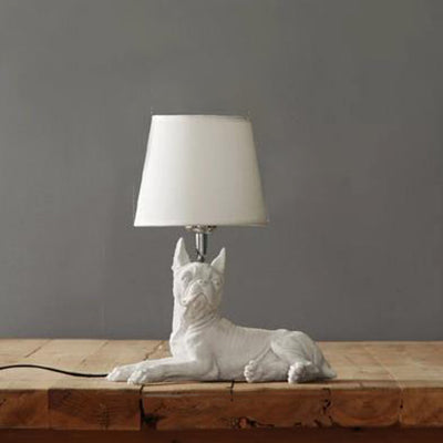 Modern White Dog Study Table Lamp With Fabric Shade / Boston Terrier - Sitting