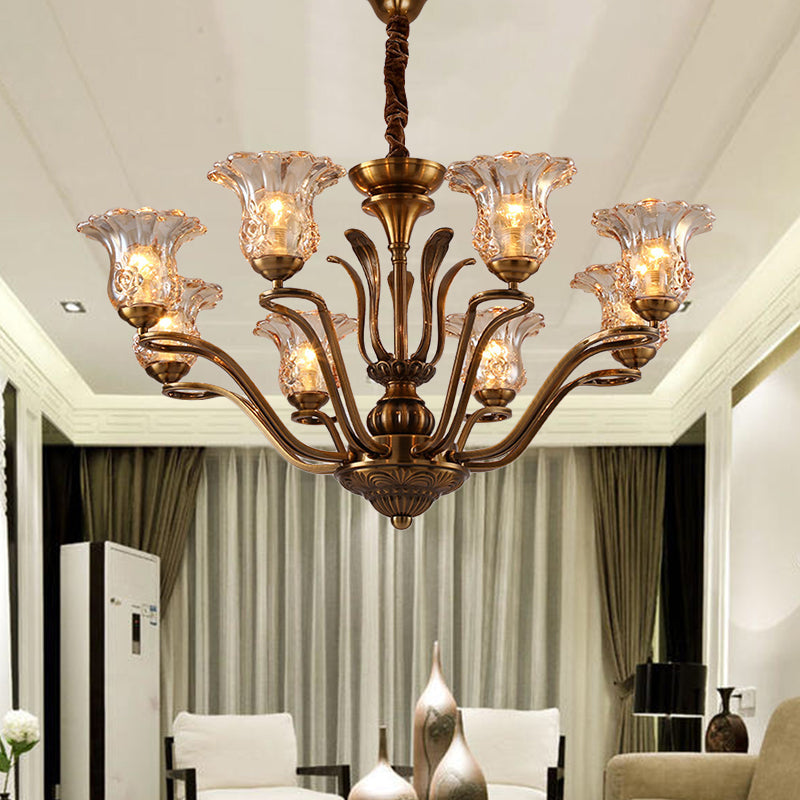 Clear Glass Pendant Chandelier With Branching Design - Rustic Living Room Ceiling Light In Brass